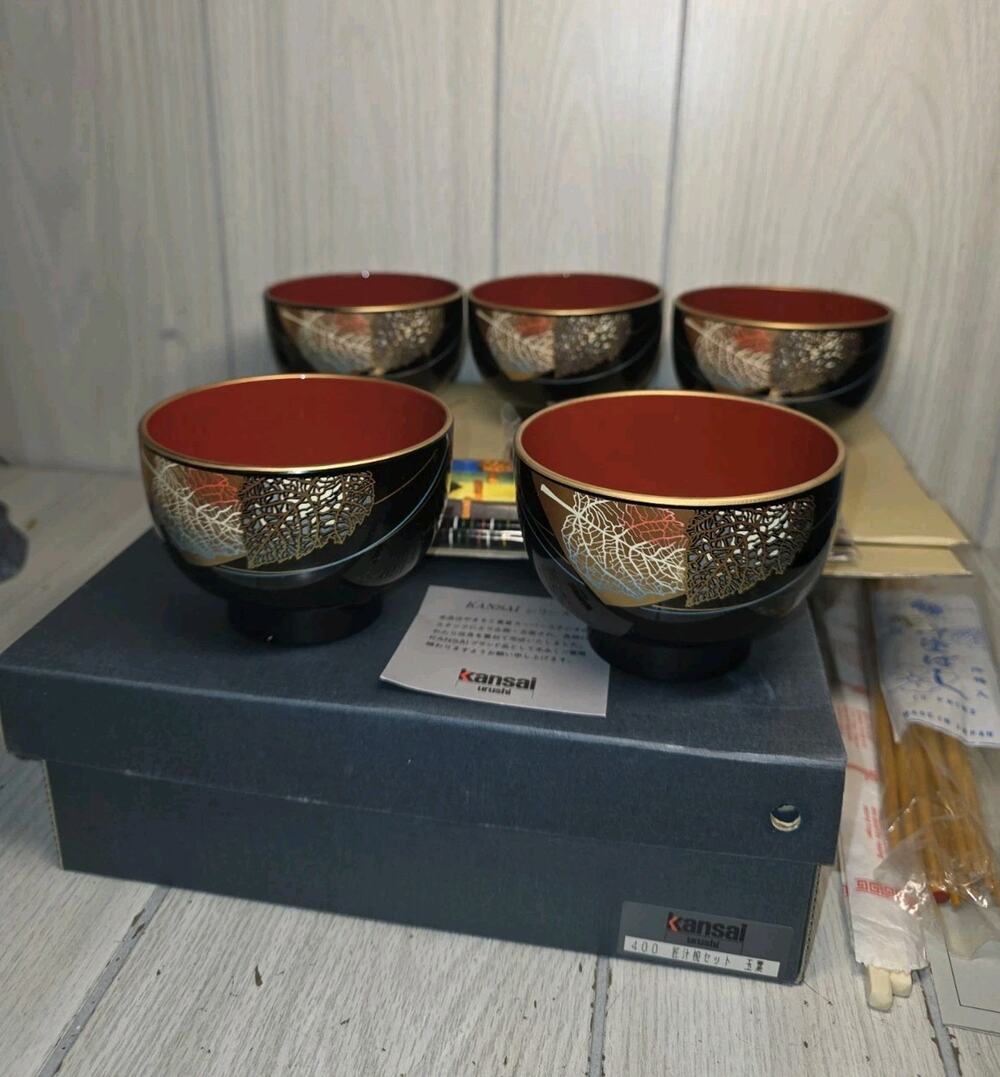 Kansai URUSHI Japanese Lacquer Set Of 5 Soup Bowls Chopsticks With Rests NIB
